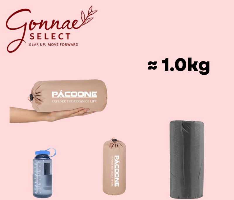 Paccone products including a rolled-up mat, water bottle, and two bags on a pink background with 'Gonnae Select' branding.