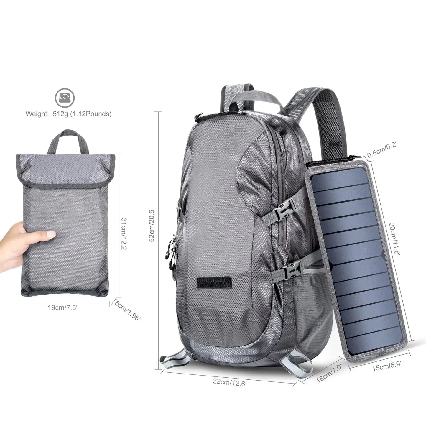 30L Solar Backpack – Foldable Hiking Daypack with USB Charging