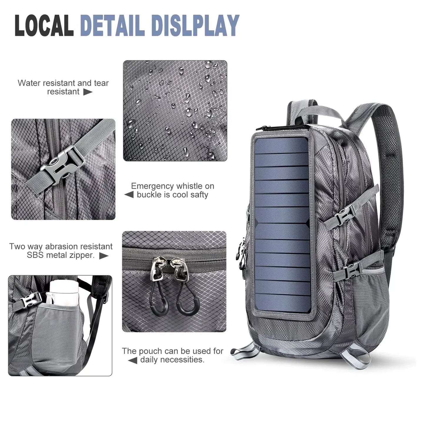30L Solar Backpack – Foldable Hiking Daypack with USB Charging