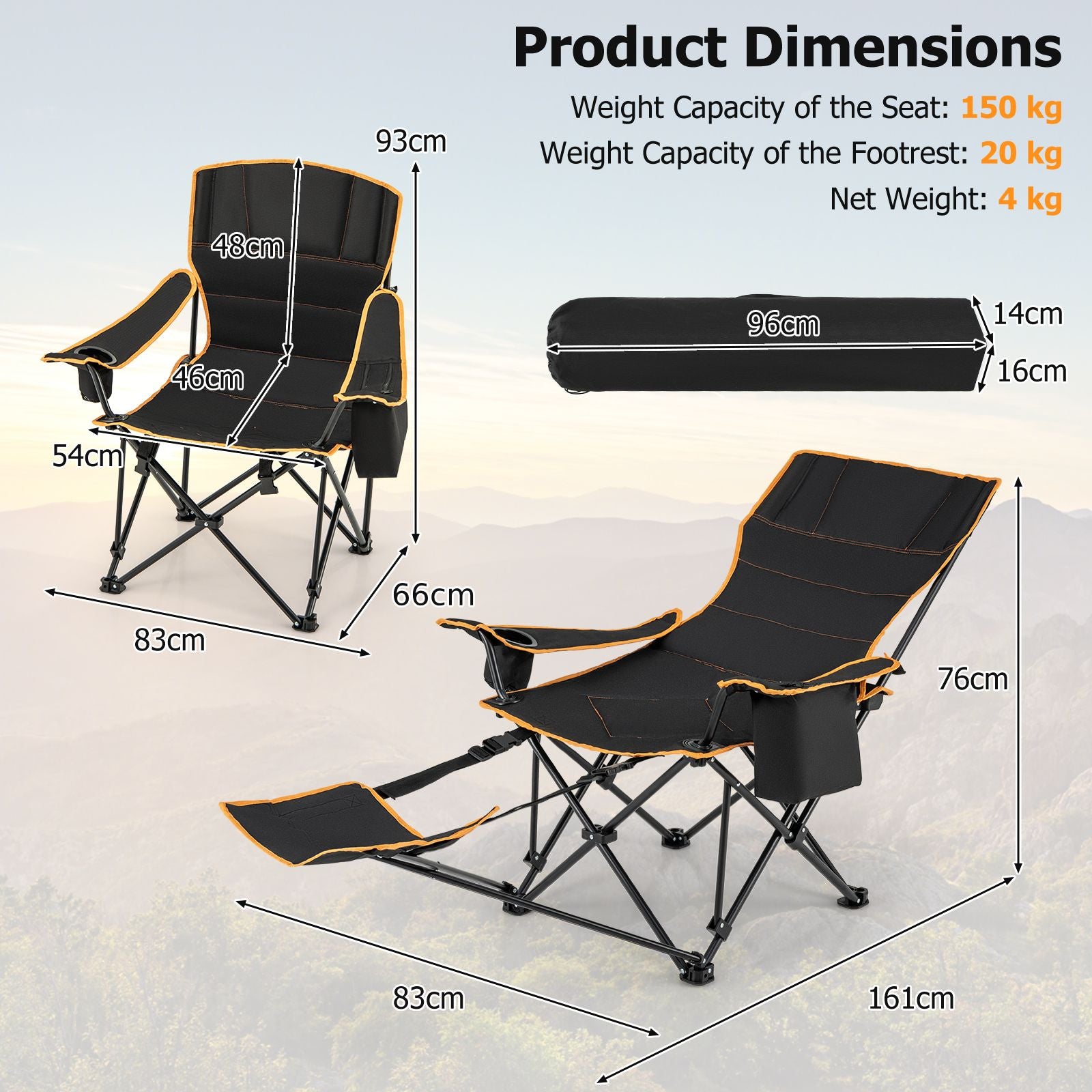 Folding Camping Lounge Chair with Adjustable Backrest