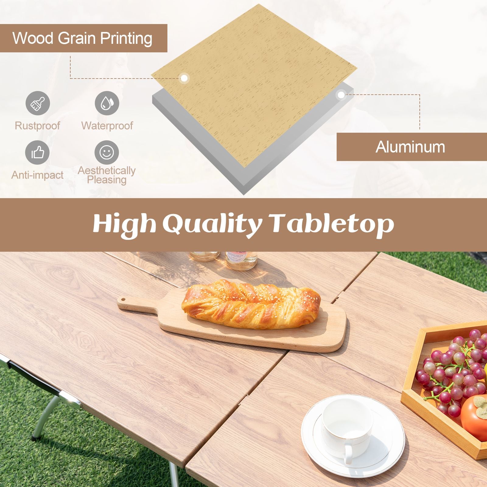 Foldable Picnic Table with Extendable Design and Wood-Grain Tabletop for Hiking Fishing BBQ Party