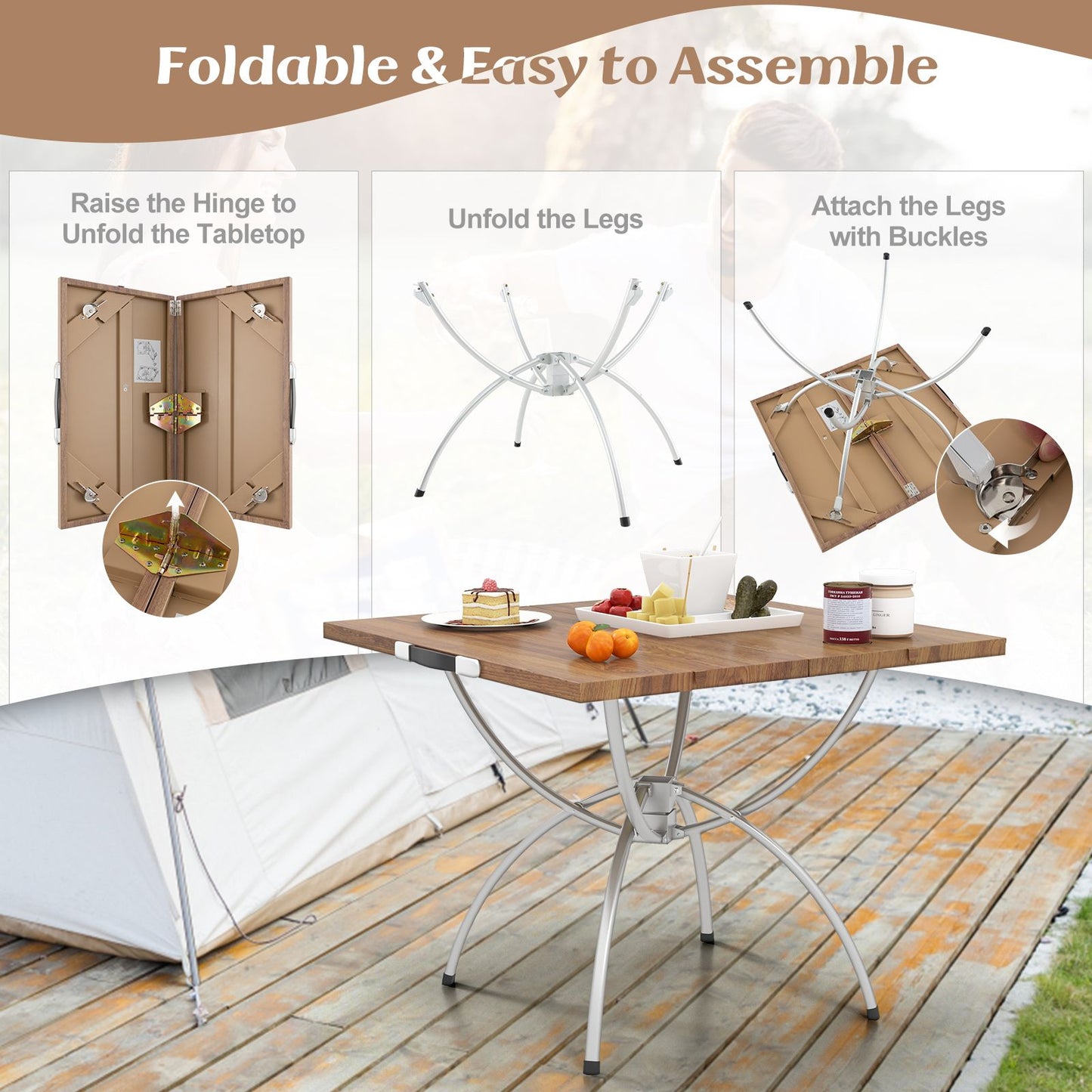 Foldable Picnic Table with Extendable Design and Wood-Grain Tabletop for Hiking Fishing BBQ Party