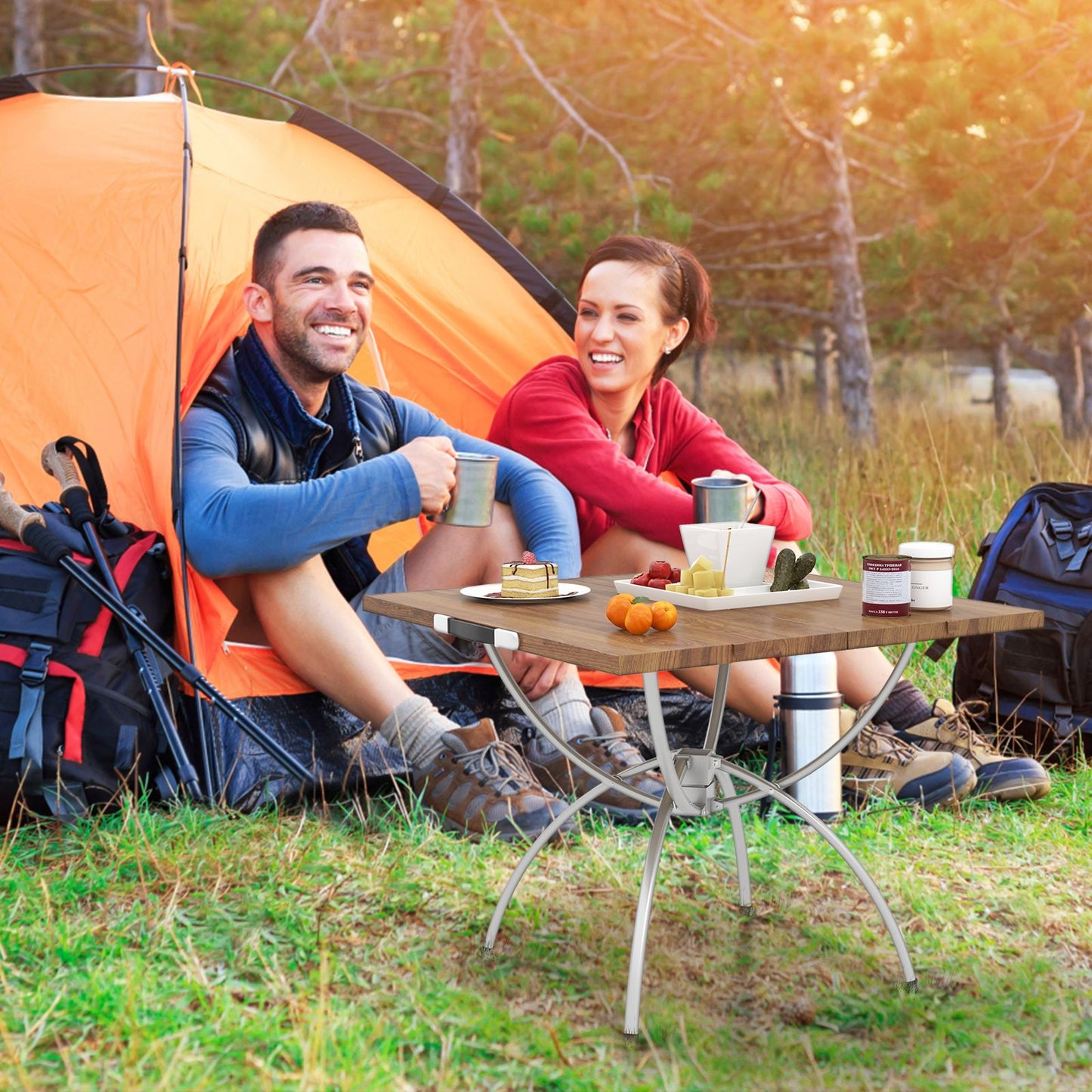 Foldable Picnic Table with Extendable Design and Wood-Grain Tabletop for Hiking Fishing BBQ Party