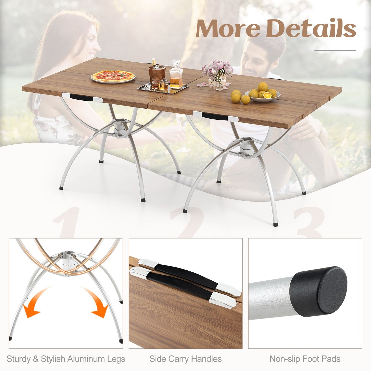 Foldable Picnic Table with Extendable Design and Wood-Grain Tabletop for Hiking Fishing BBQ Party