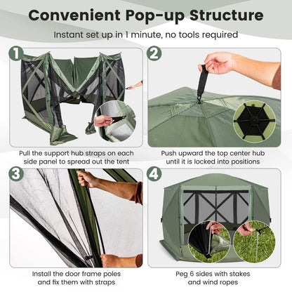 6-Sided Camping Gazebo Instant Setup Hub Tent with Portable Carrying Bag