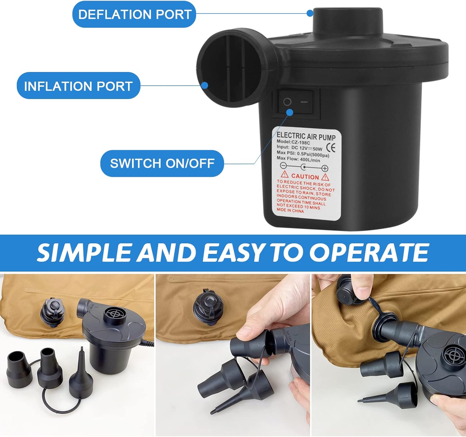 Electric Pump for Inflatables – 240V AC & 12V DC, 50W Power