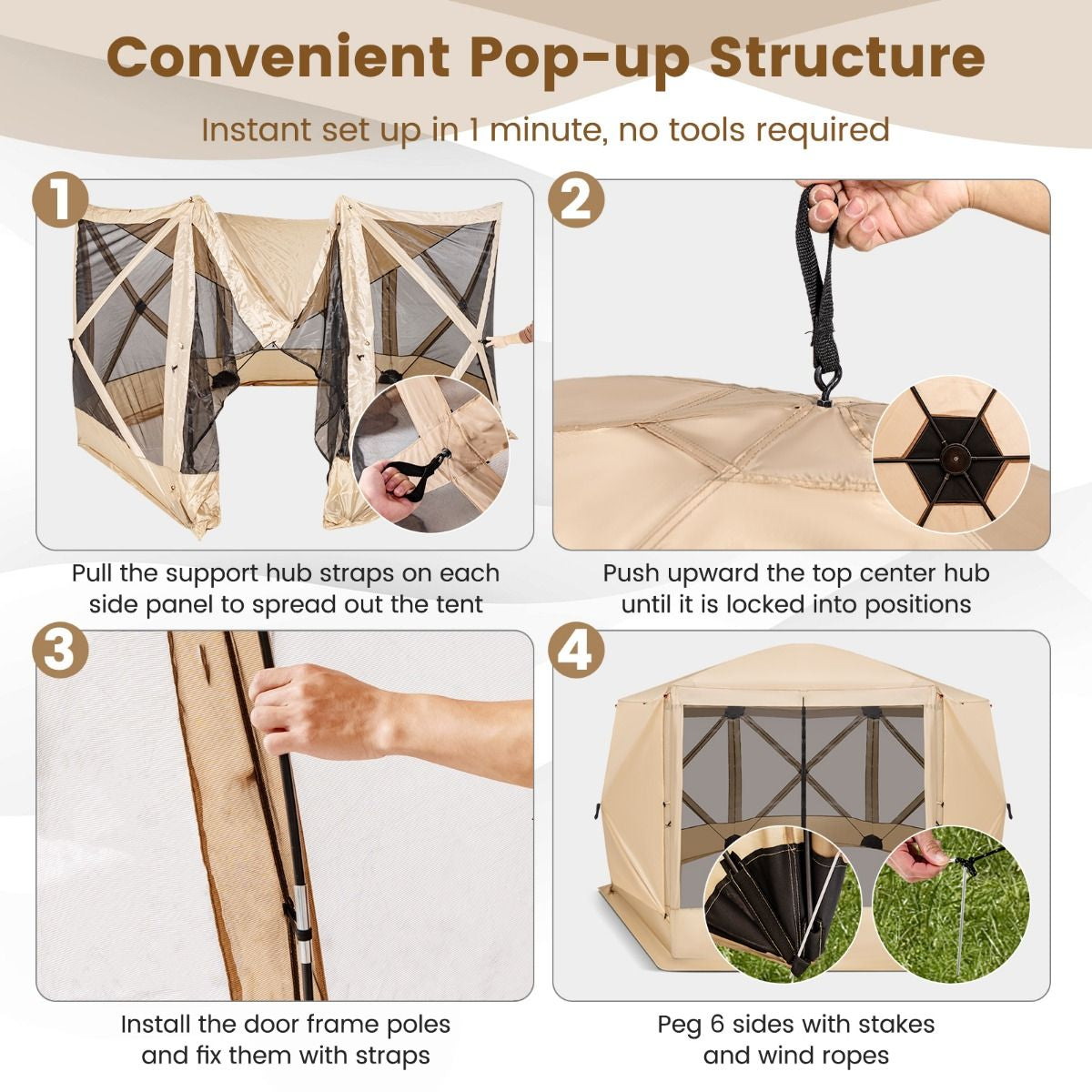 6-Sided Camping Gazebo Instant Setup Hub Tent with Portable Carrying Bag