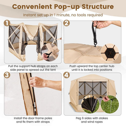 6-Sided Camping Gazebo Instant Setup Hub Tent with Portable Carrying Bag