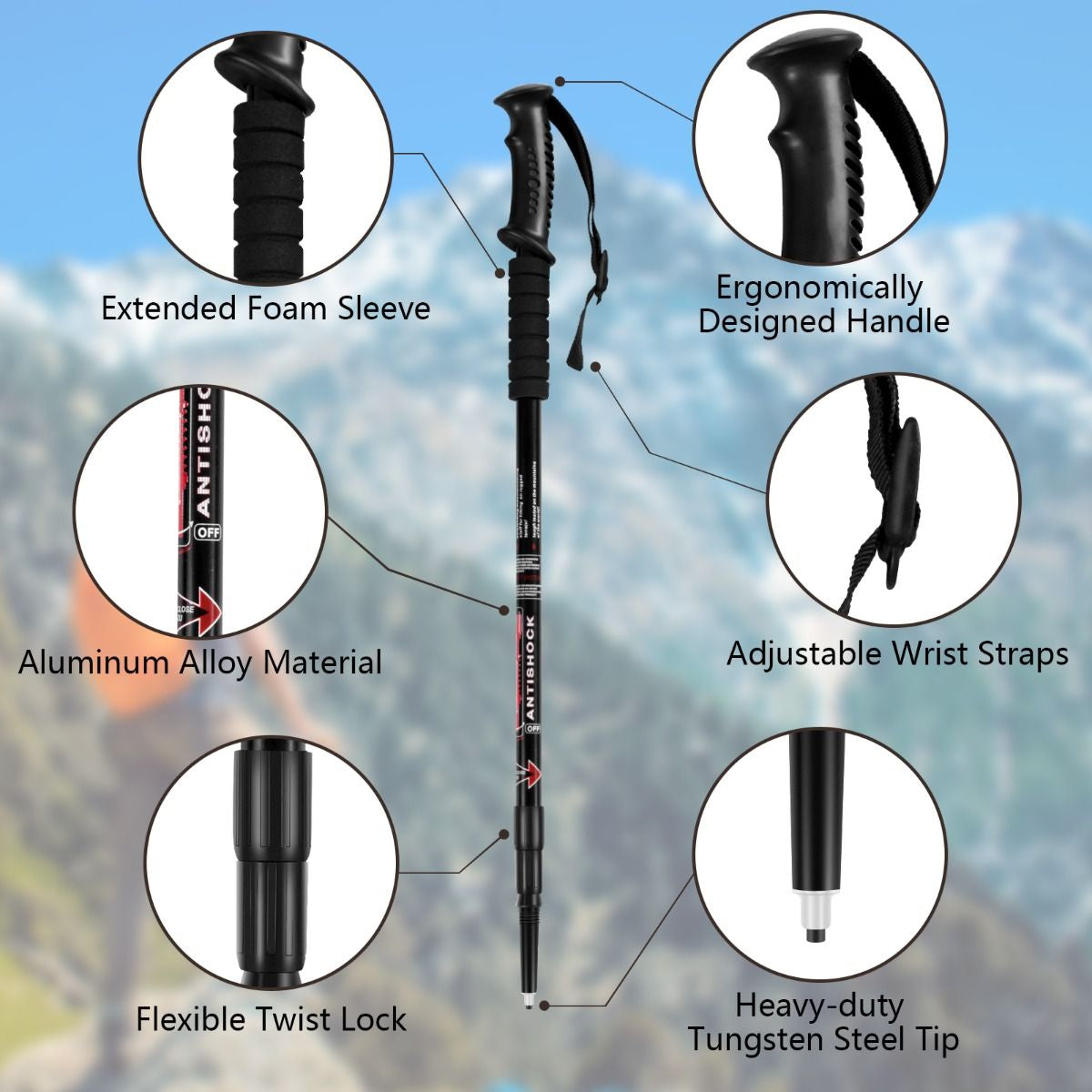 Hiking Pole Aluminum Trekking Pole Walking Pole Adjustable 65-135 Cm