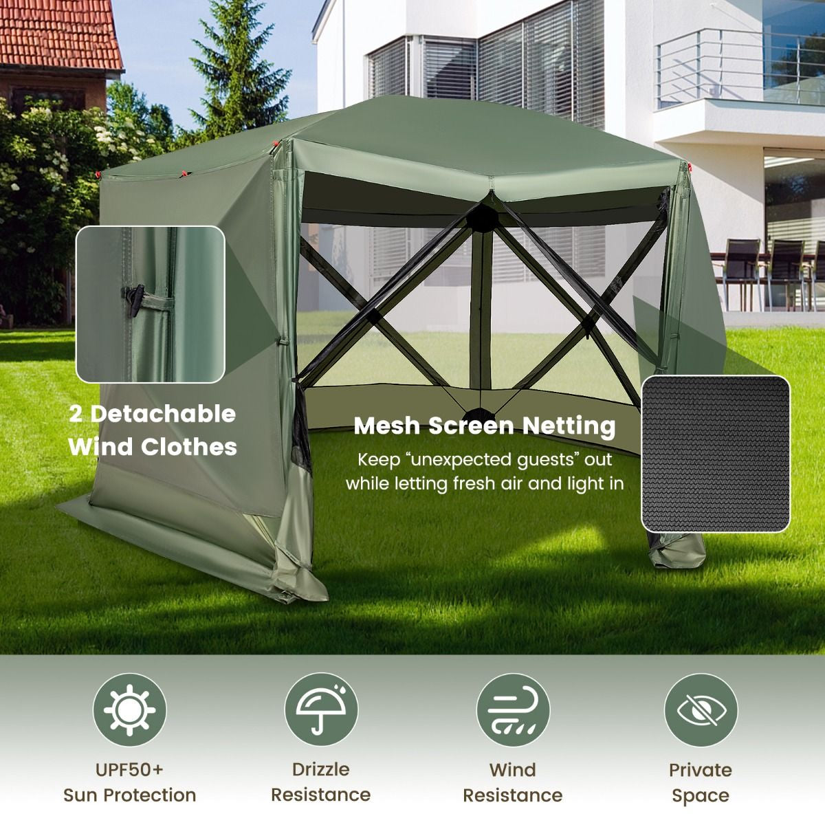 6-Sided Camping Gazebo Instant Setup Hub Tent with Portable Carrying Bag