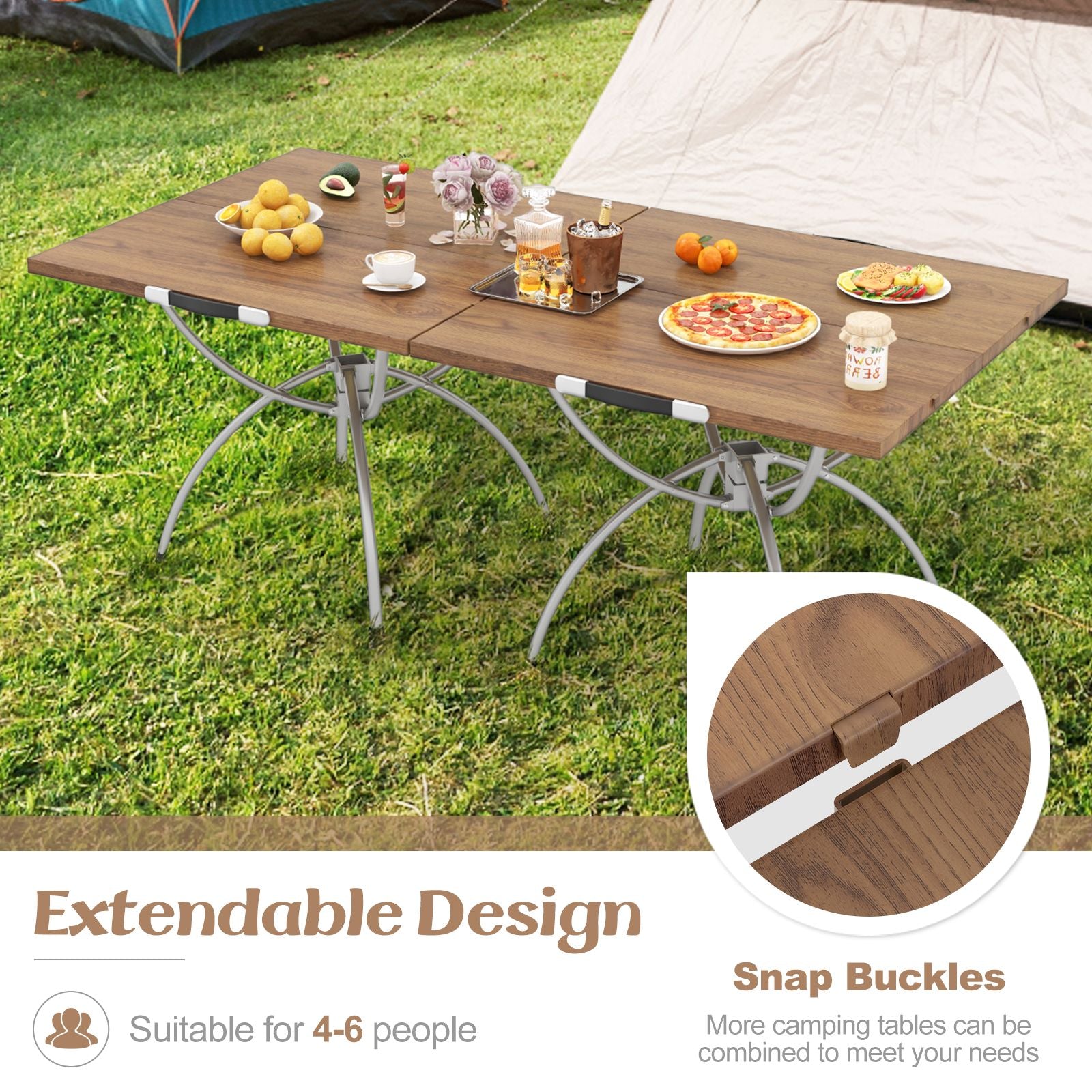 Foldable Picnic Table with Extendable Design and Wood-Grain Tabletop for Hiking Fishing BBQ Party