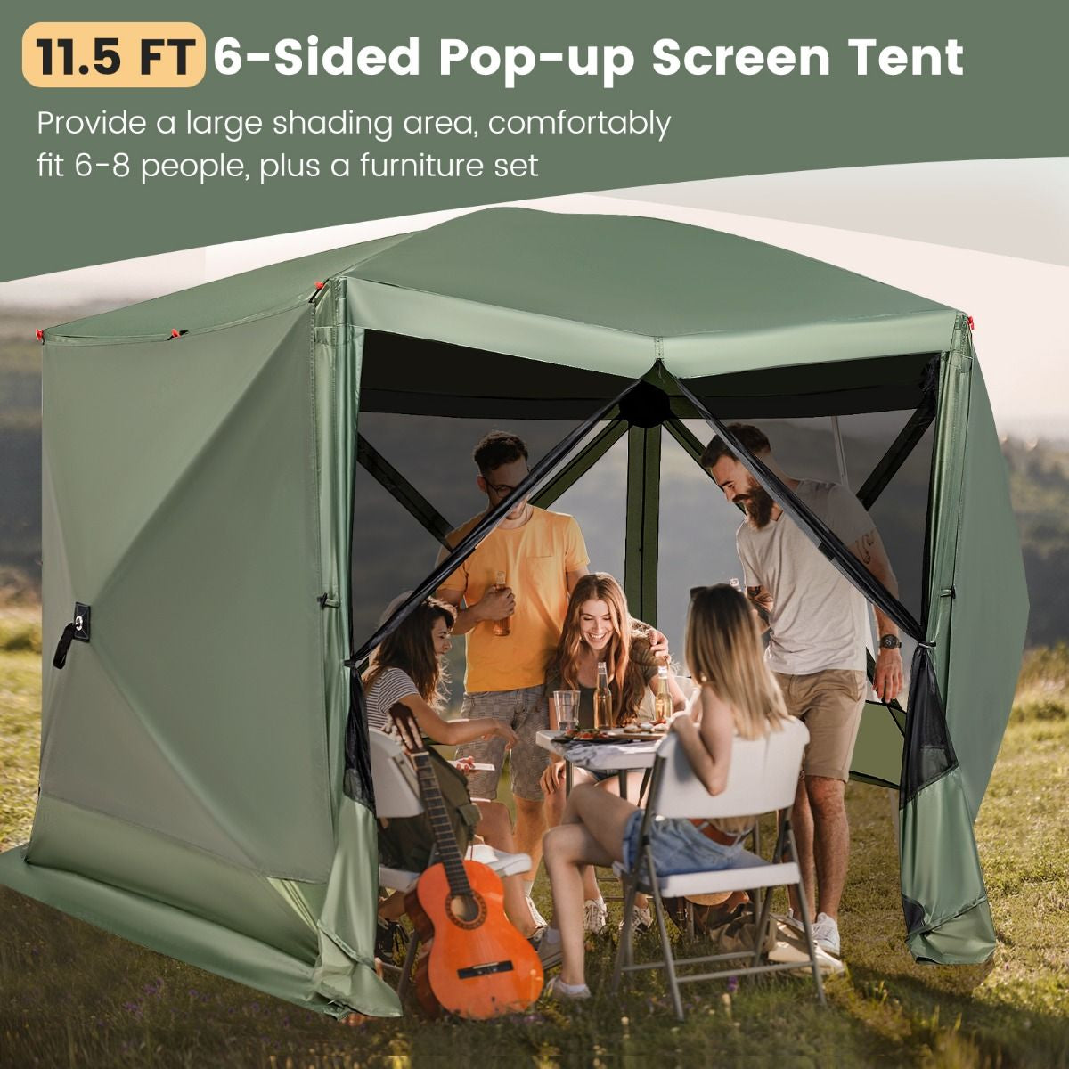 6-Sided Camping Gazebo Instant Setup Hub Tent with Portable Carrying Bag